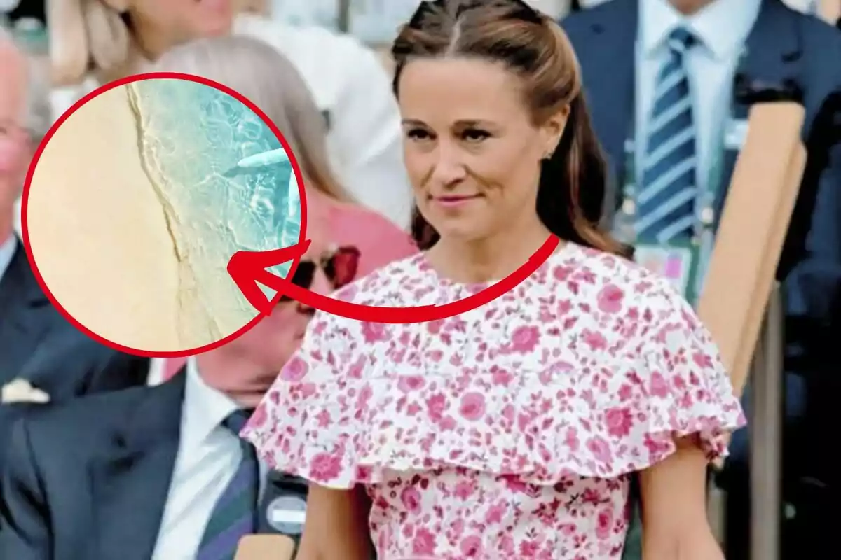 Woman in a pink floral dress at a public event with an enlarged circle showing a beach with turquoise water and light sand highlighted by a red arrow