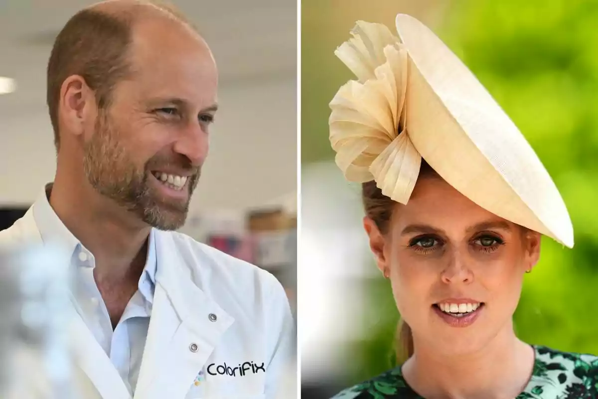 Prince William in a white coat smiles indoors while Princess Beatrice in an elegant hat poses outdoors.