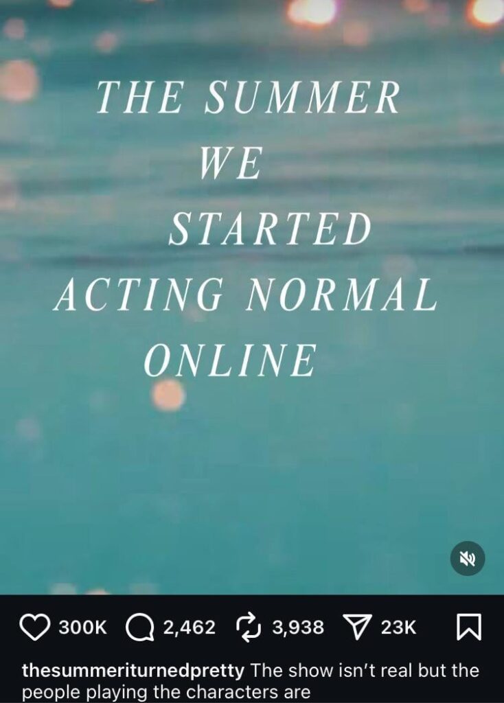 the summer i turned pretty instagram account posted this before the new episode and captioned it "the show isn't real but the people playing the characters are"