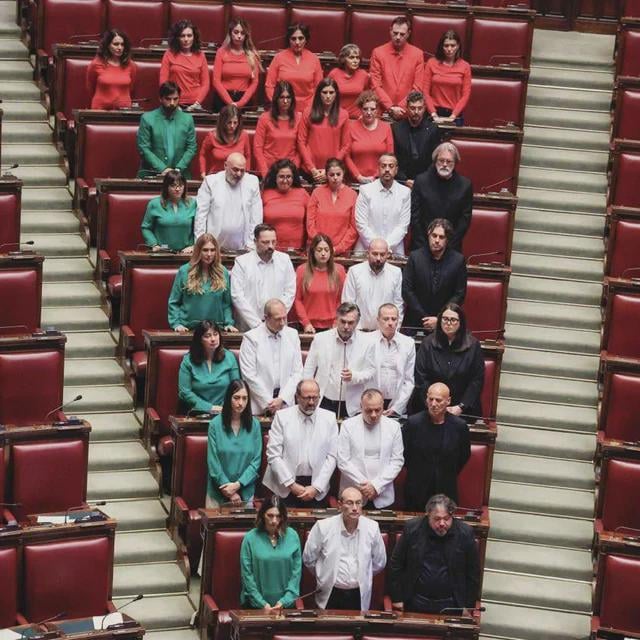 Italian MPs wear the colours of Palestine’s flag in Parliament today: “Today, we don’t hold up the flag because you’d try to take it from us. Today, we wear it on our bodies. Because this is no longer just the flag of Palestine—it’s the universal flag of those fighting for humanity."