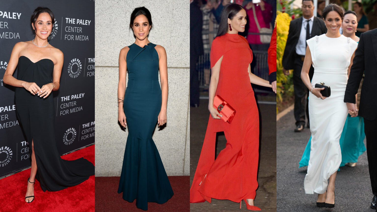Meghan Markle’s 10 Best Evening Gowns Meghan Markle wearing a black, blue, red and white evening gown