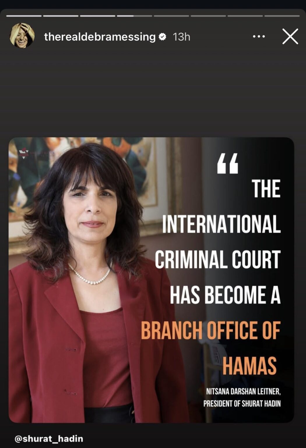 Debra Messing shares anti-Palestine propaganda post making an unhinged claim that the International Criminal Court at The Hague has become a branch of Hamas