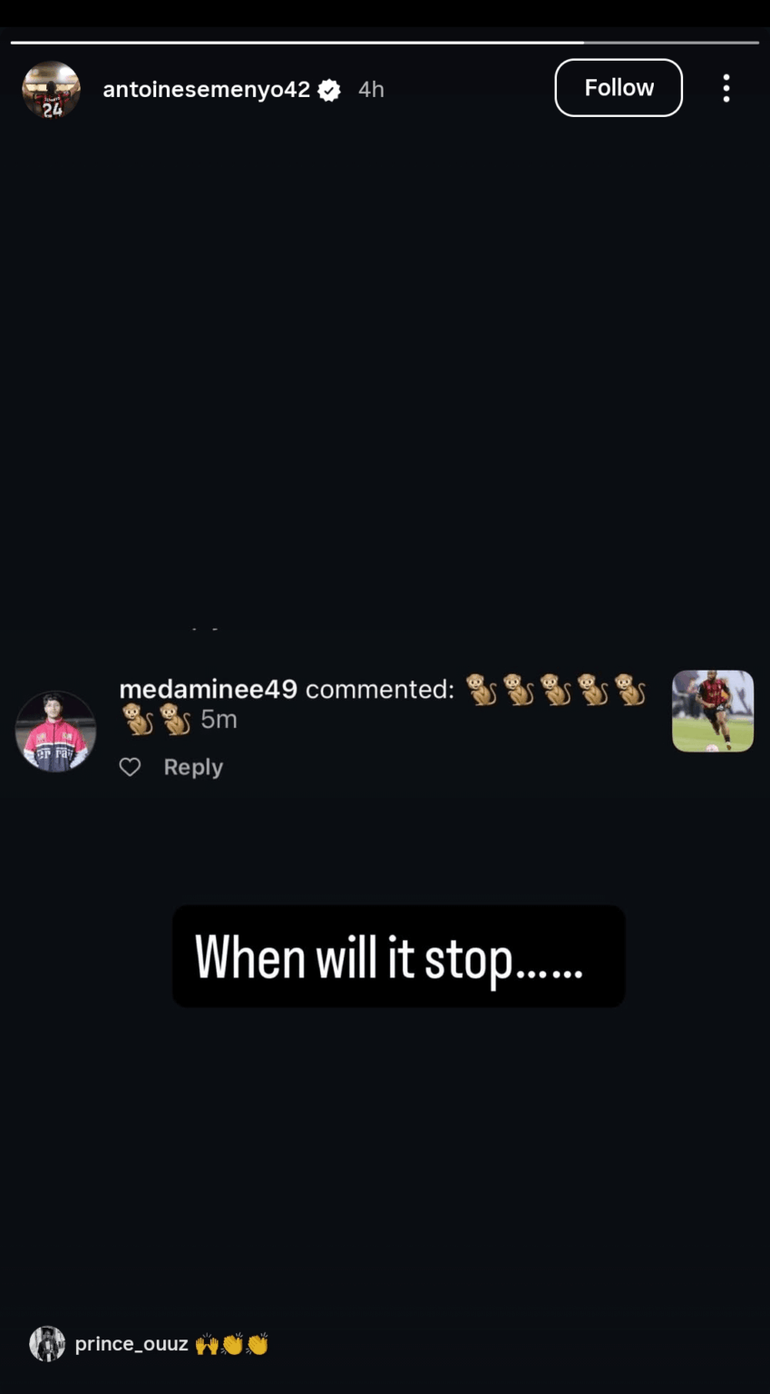 After receiving racist abuse from a fan in-person today, Premier League soccer player Antoine Semenyo posts more abuse he's received online, captioned "When will it stop......"