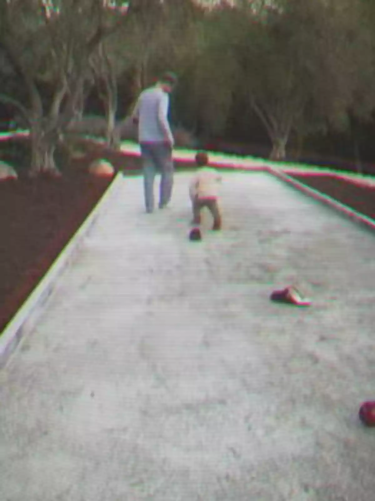 Prince Harry and Archie walk together along a path surrounded by trees while some objects are scattered on the ground.