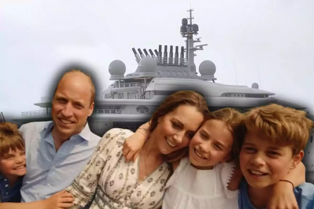 Smiling family hugging in front of a large modern yacht