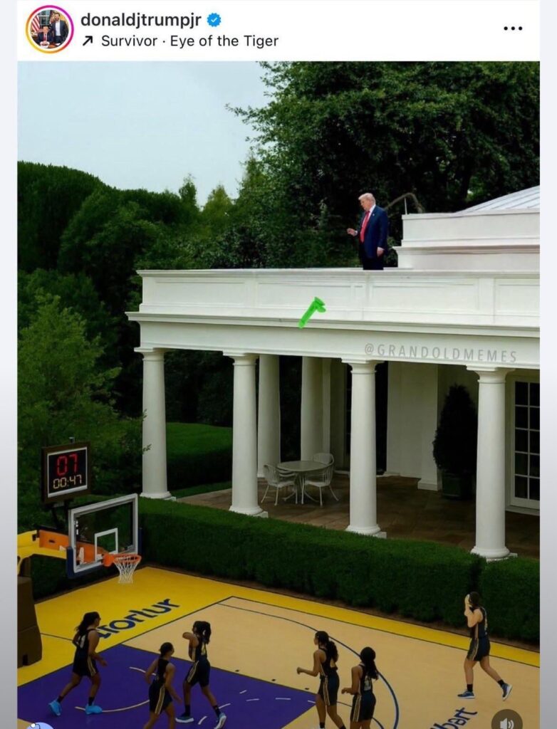 Donald Trump Jr. posts AI photo of his father throwing a dildo onto a basketball field with women playing in a disgusting attempt to joke about misogynistic harassment of WNBA players
