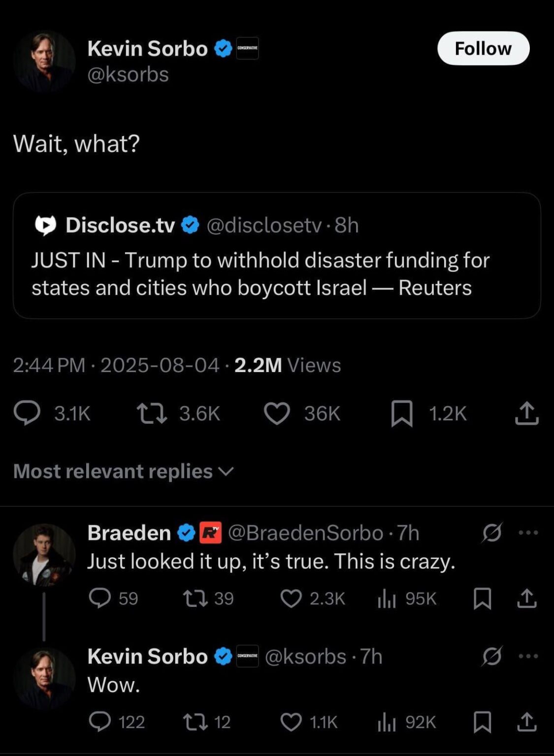 Eternally unemployed Trumper Kevin Sorbo learns that his cult leader is withholding disaster funds from Americans if they oppose the Israeli government