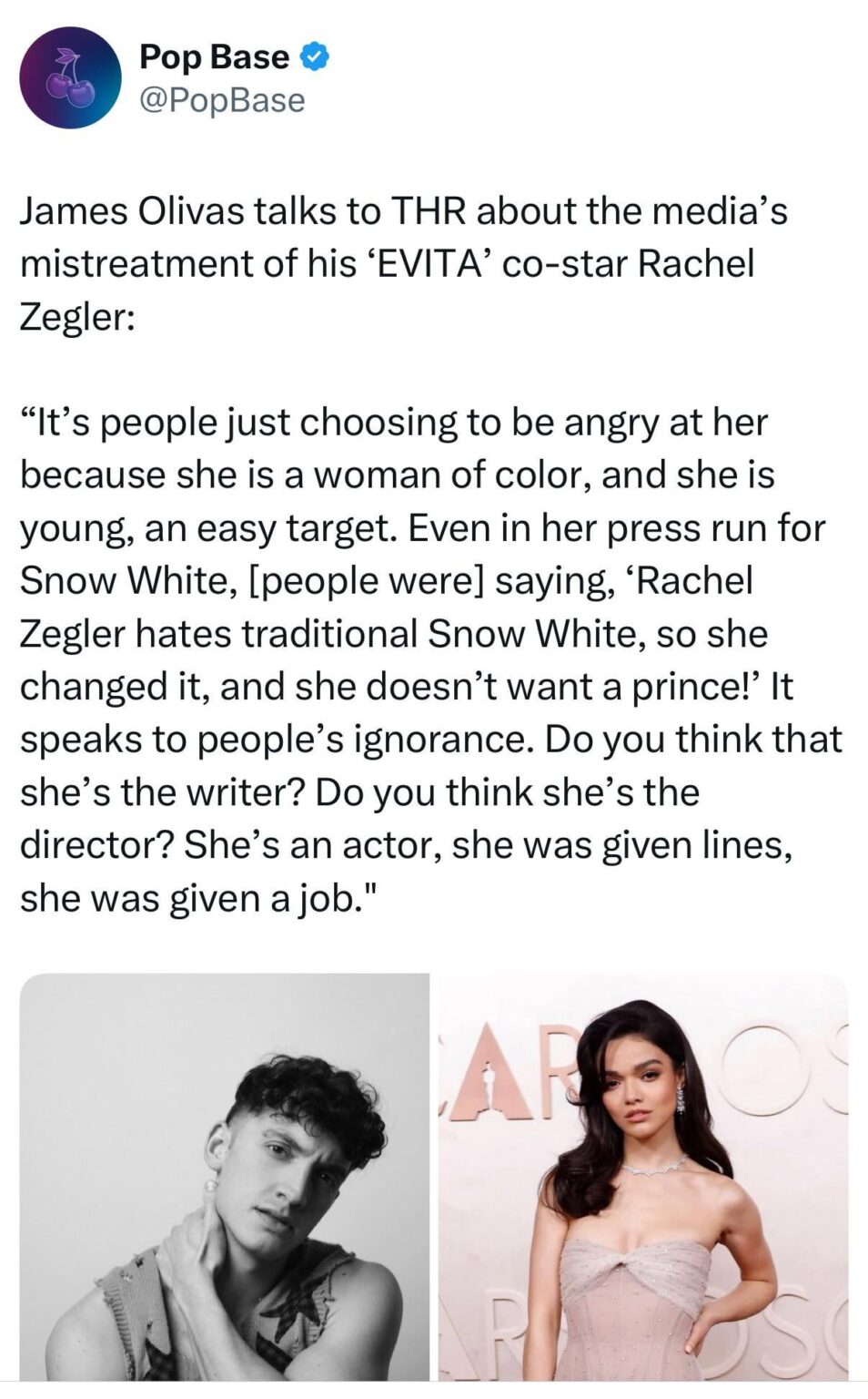 James Olivas talks to THR about the media’s mistreatment of his ‘EVITA’ co-star Rachel Zegler:  “It’s people just choosing to be angry at her because she is a woman of color, and she is young, an easy target.“