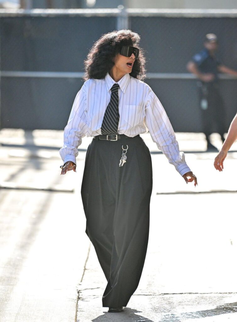 Tracee Ellis Ross in Willy Chavarria SS25 while on 'Jimmy Kimmel Live!'. Styled by Karla Welch. (August 14, 2025)