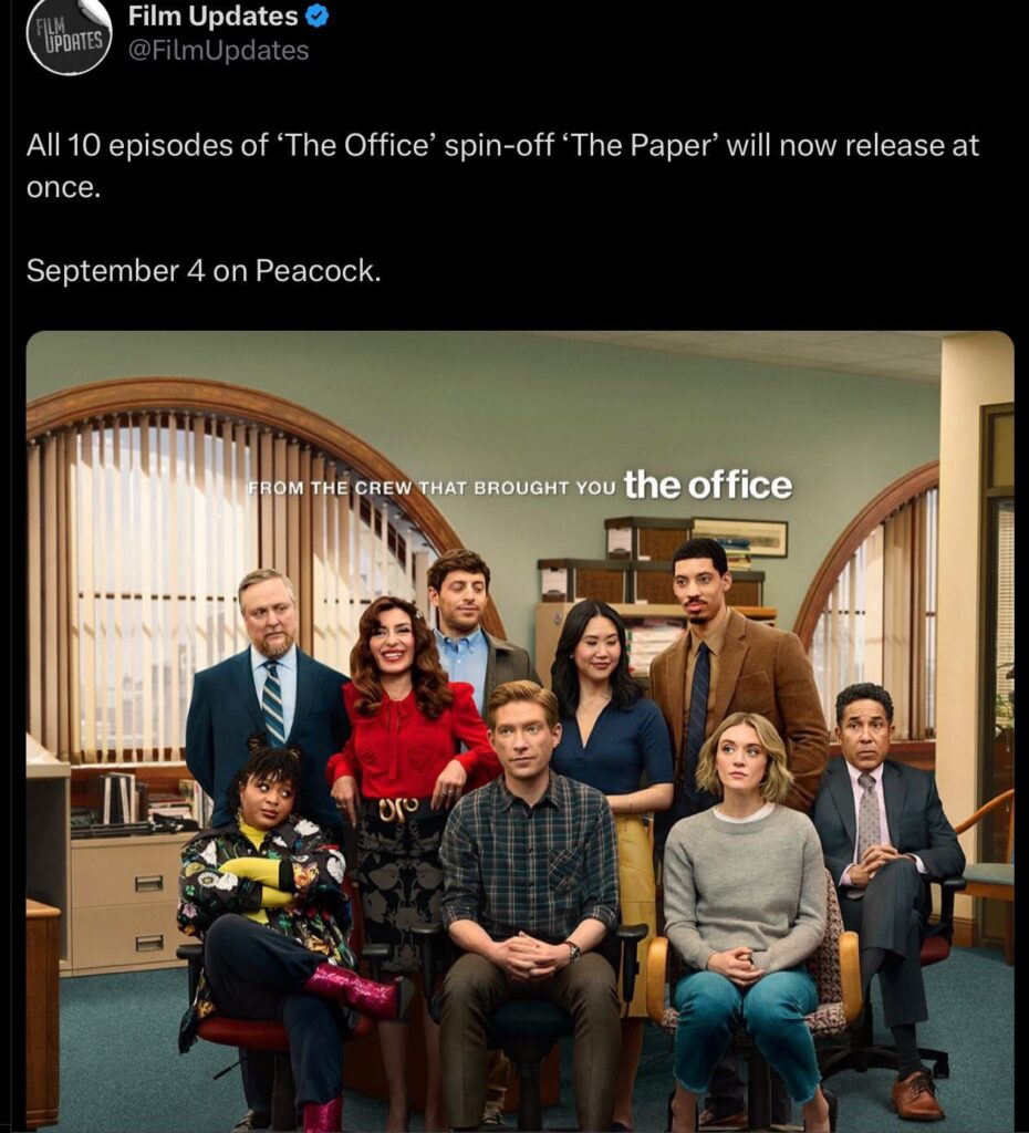 All 10 episodes of ‘The Office’ spinoff, ‘The Paper’, will now be released at once on September 4th. Originally, only 4 episodes were set to debut on that date.