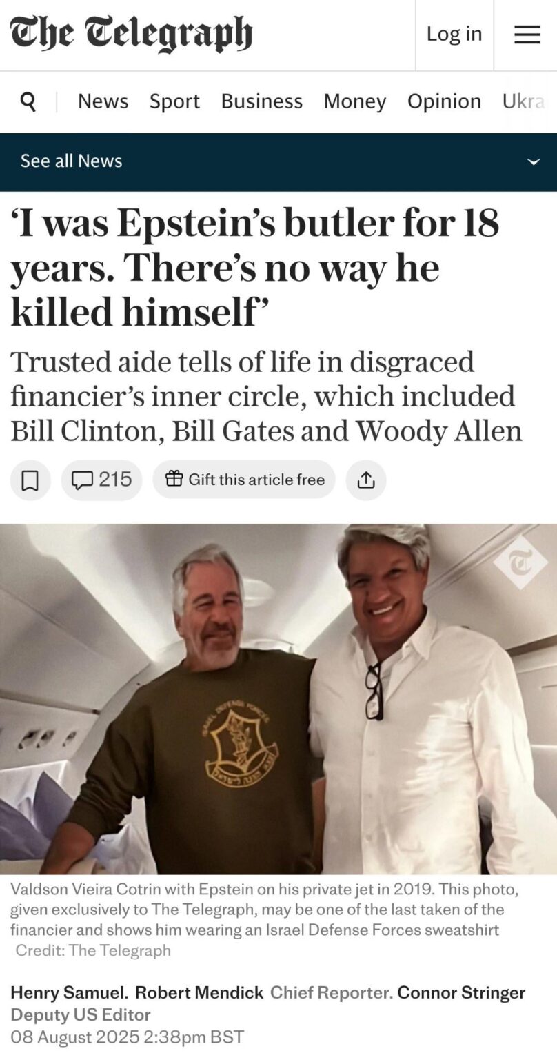 Picture of Epstein released by The Telegraph shows him wearing Israeli Defense Forces sweatshirt
