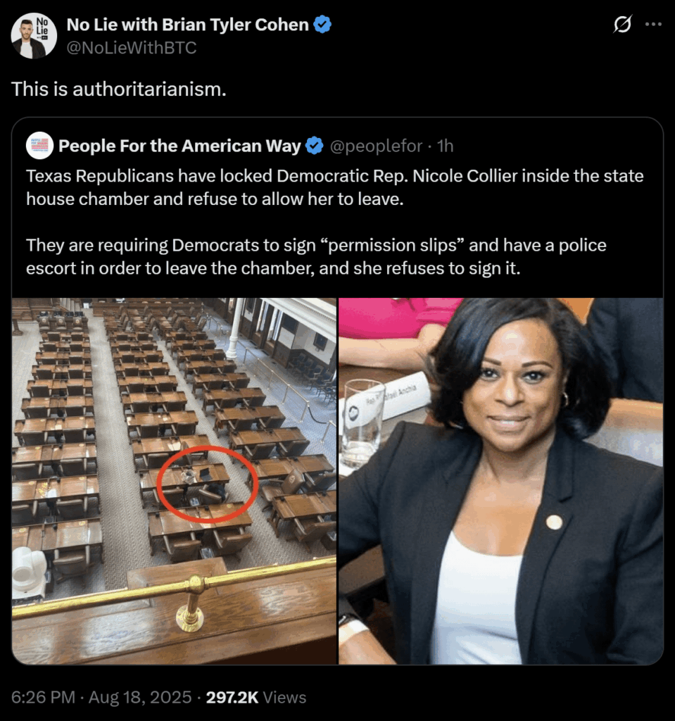 Texas Republicans have locked Democratic Rep. Nicole Collier inside the state house chamber and refuse to allow her to leave until she signs a 'permission slip'