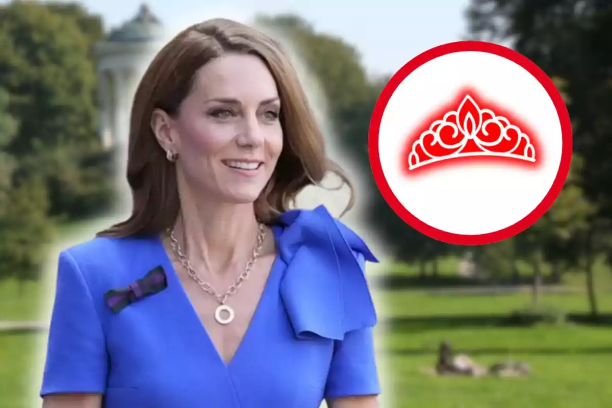 Woman in a blue dress and necklace smiles in a park with a red crown icon inside a circle next to her