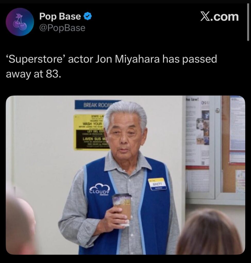 Jon Miyahara, Known for Playing Superstore's Brett, Dies at 83