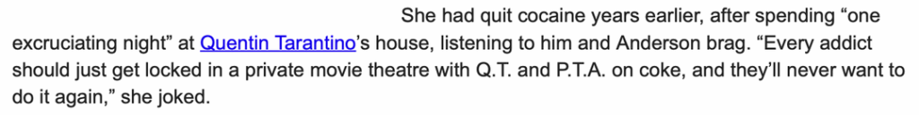 Everyone remembers the anecdote of Fiona Apple quitting coke after a night with Paul Thomas Anderson and Tarantino but what about Anderson throwing a chair across a room and pushing her out of a car and her briefly dating Louis CK Everyone remembers the anecdote of Fiona Apple quitting coke after a night with Paul Thomas Anderson and Tarantino but what about Anderson throwing a chair across a room and pushing her out of a car and her briefly dating Louis CK