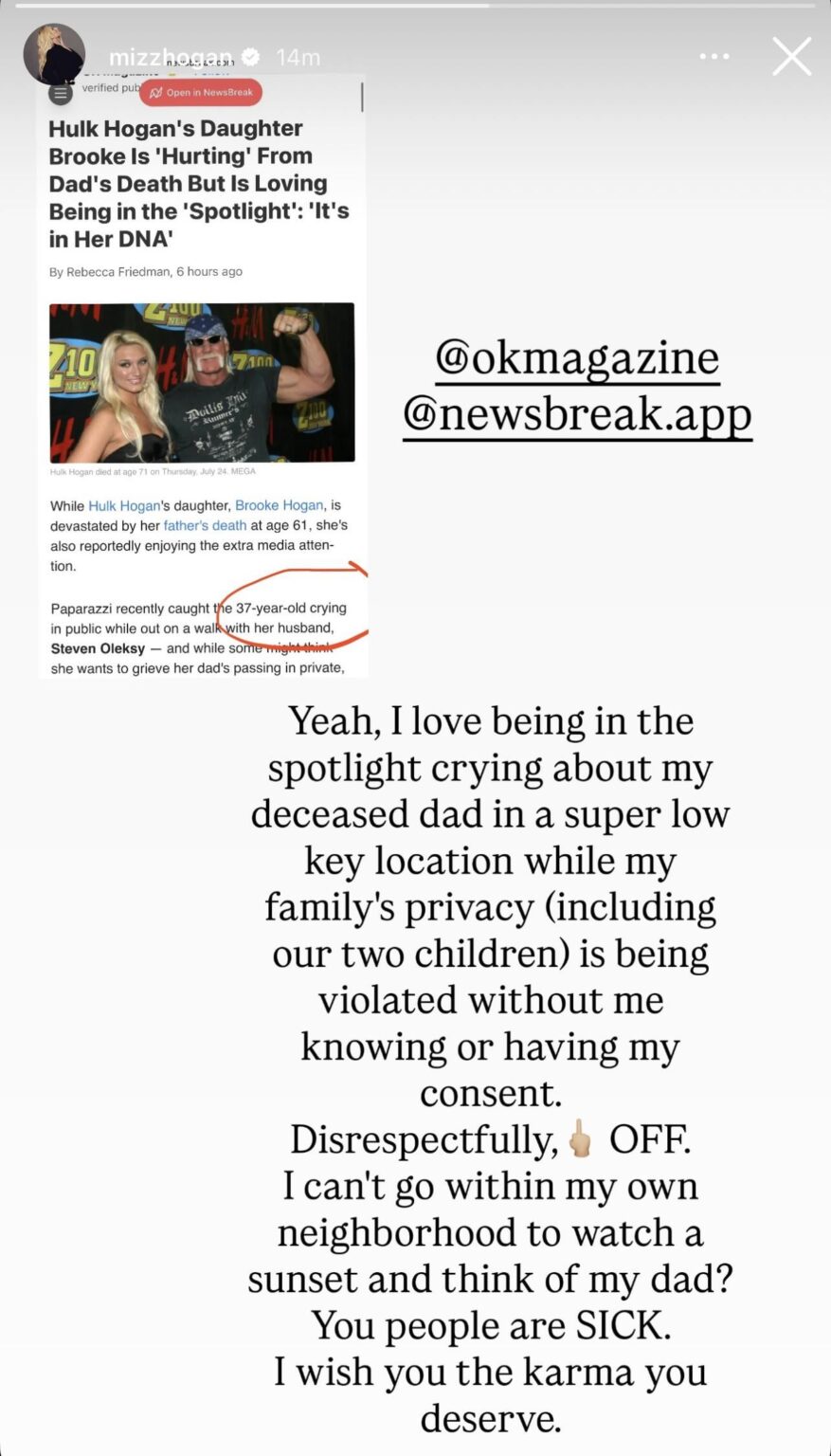 Hulk Hogan’s daughter Brooke calls out tabloids for reporting she is loving the spotlight after her dad’s death and for publishing pap photos of her crying without her consent.