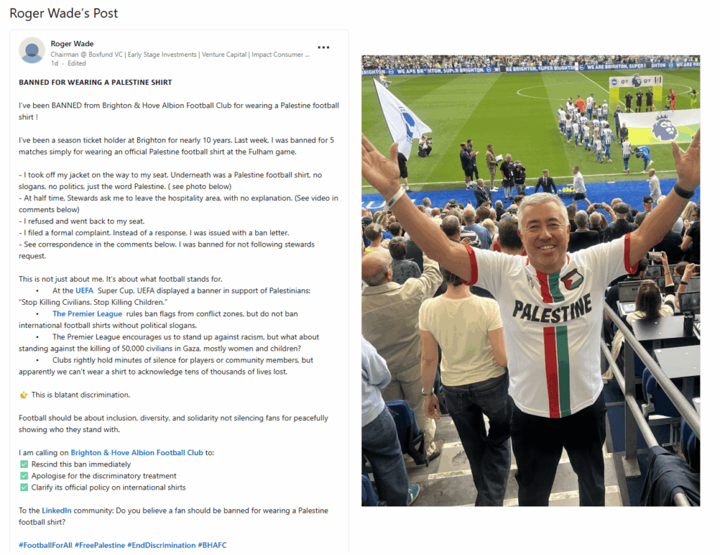Season Ticket holder Roger Wade suspended for five matches by Brighton for wearing an official Palestine national shirt