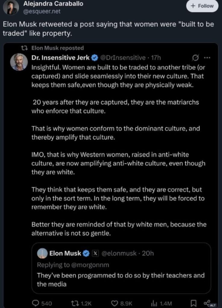 Elon Musk retweeted a post saying women are "built to be traded to another tribe or captured "