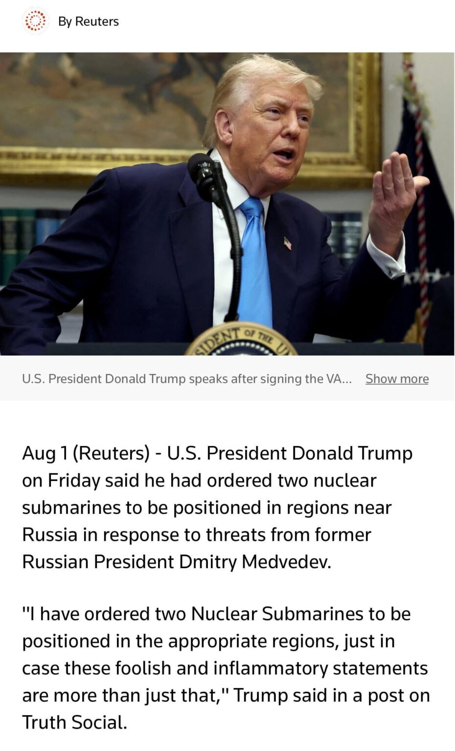 Trump orders nuclear submarines moved near Russia