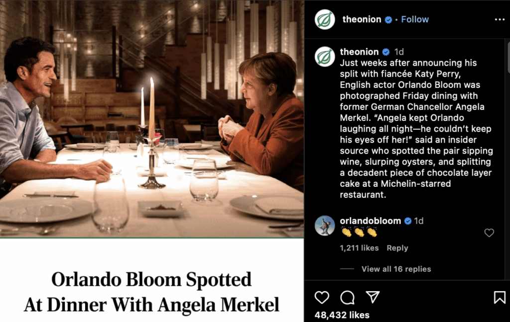 Orlando Bloom responds to joke that he's dating Angela Merkel after his ex Katy Perry sparked romance rumors with Justin Trudeau