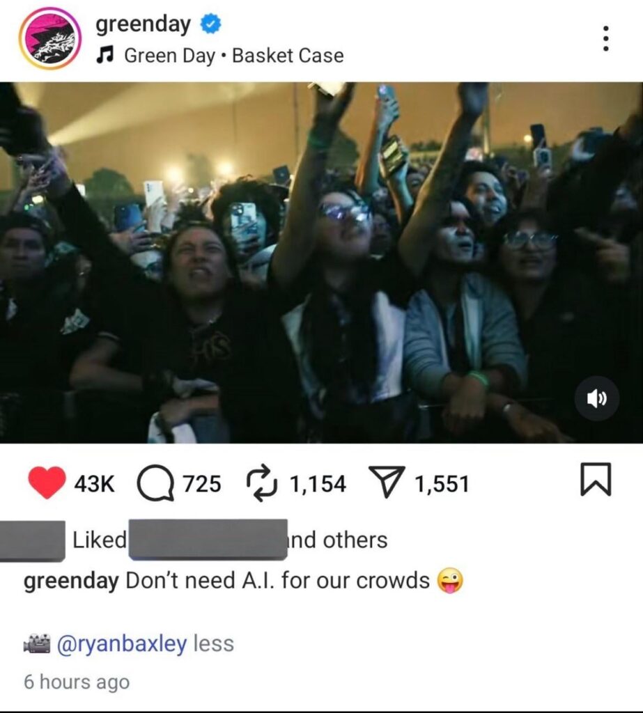 Green Day posts video of fans with caption “don’t need A.I. for out crowds 😜”