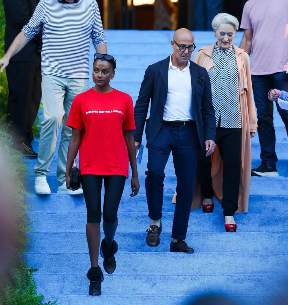 Simone Ashley, Meryl Streep and Stanley Tucci on the set of The Devil Wears Prada 2 in New York City