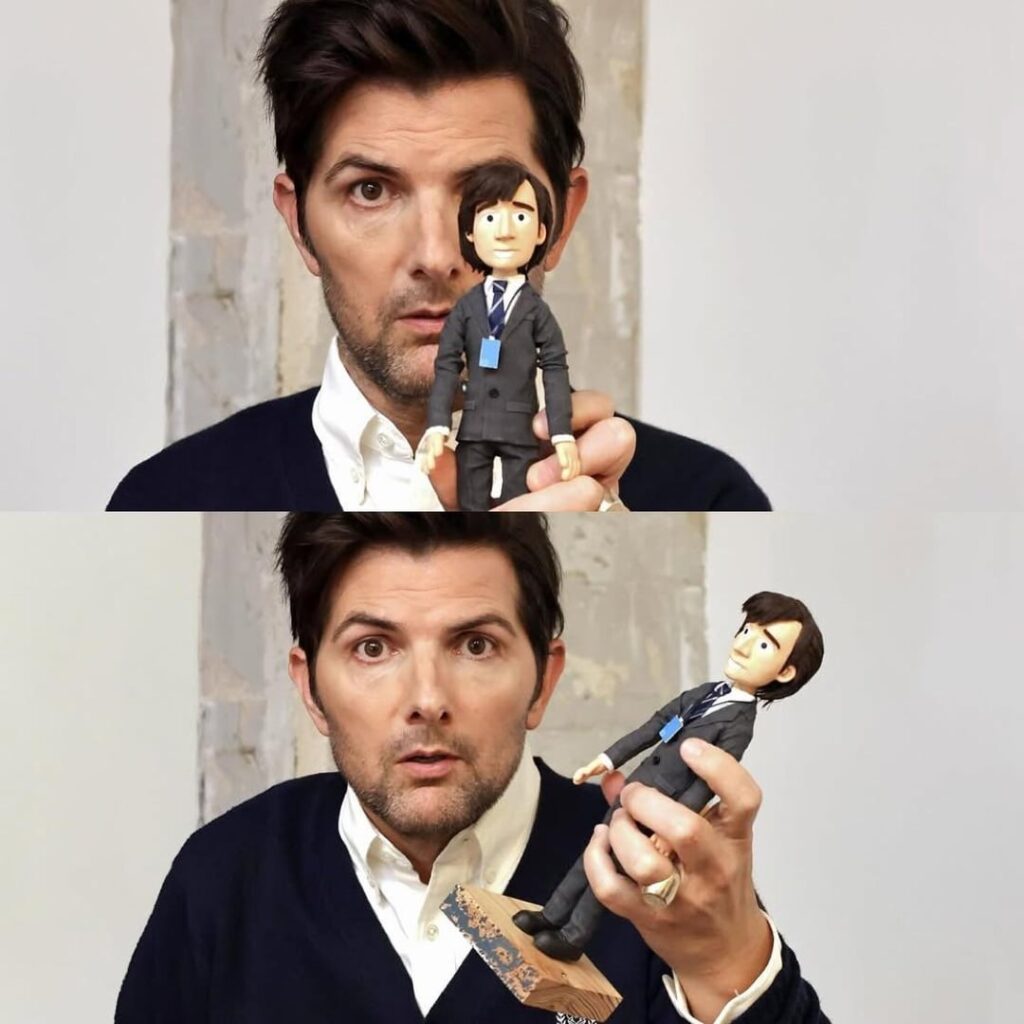 Adam Scott recreating the Parks and Rec meme with the Severance claymation doll