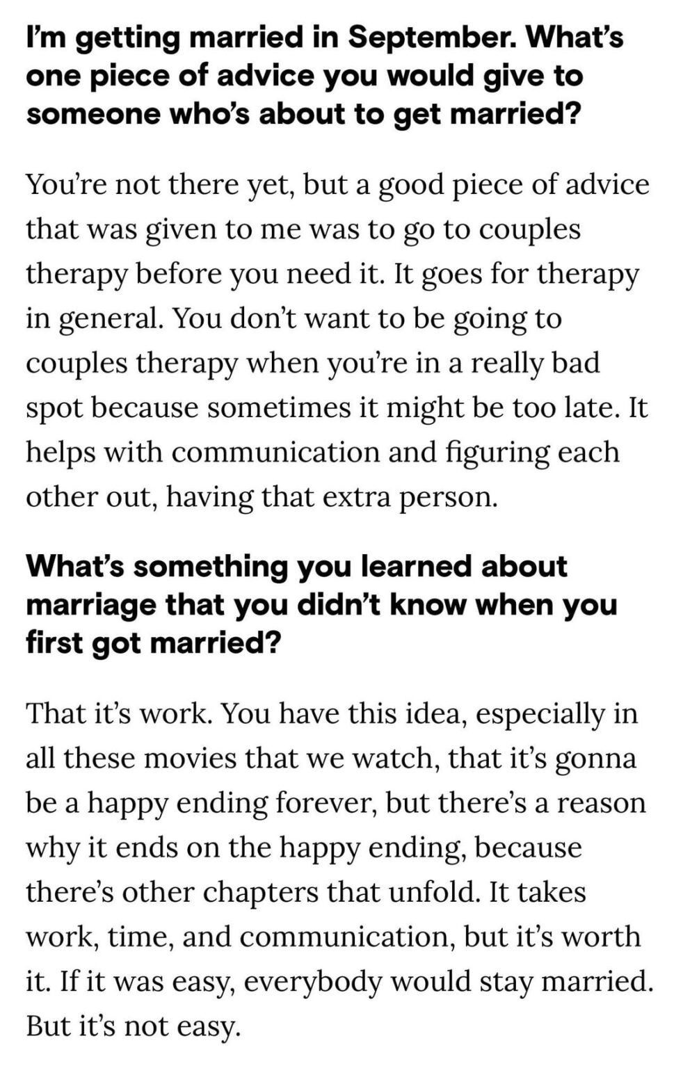 Manny Jacinto’s marriage advice is go to couples therapy before you need it and give your wife their flowers, literally and metaphorically by complimenting her, and making her feel good about herself and reminding her that she’s the best