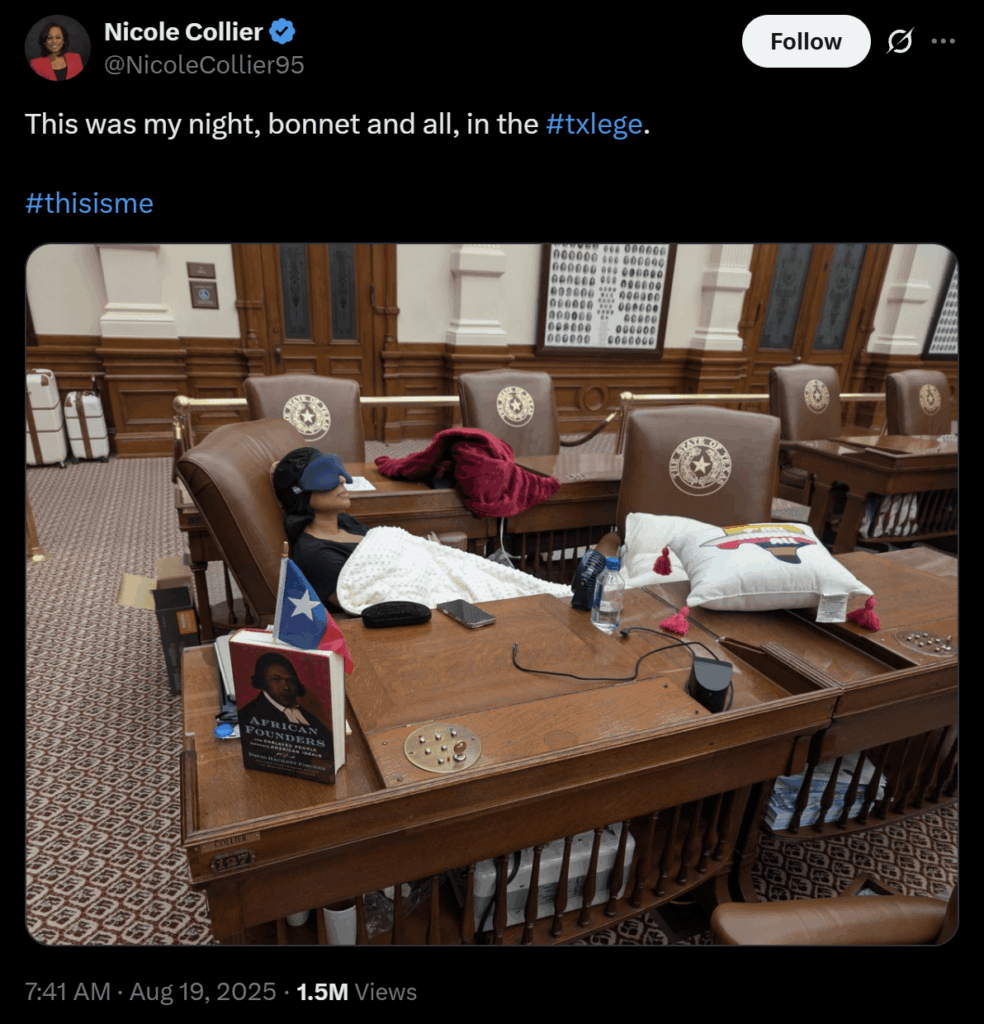 Texas Democratic state Rep. Nicole Collier checks in with a little life update: still falsely imprisoned