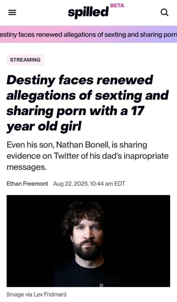 Streamer Steven Kenneth Bonnell II, AKA Destiny, alleged to have shared pornographic material with a 17-year old he was sexting