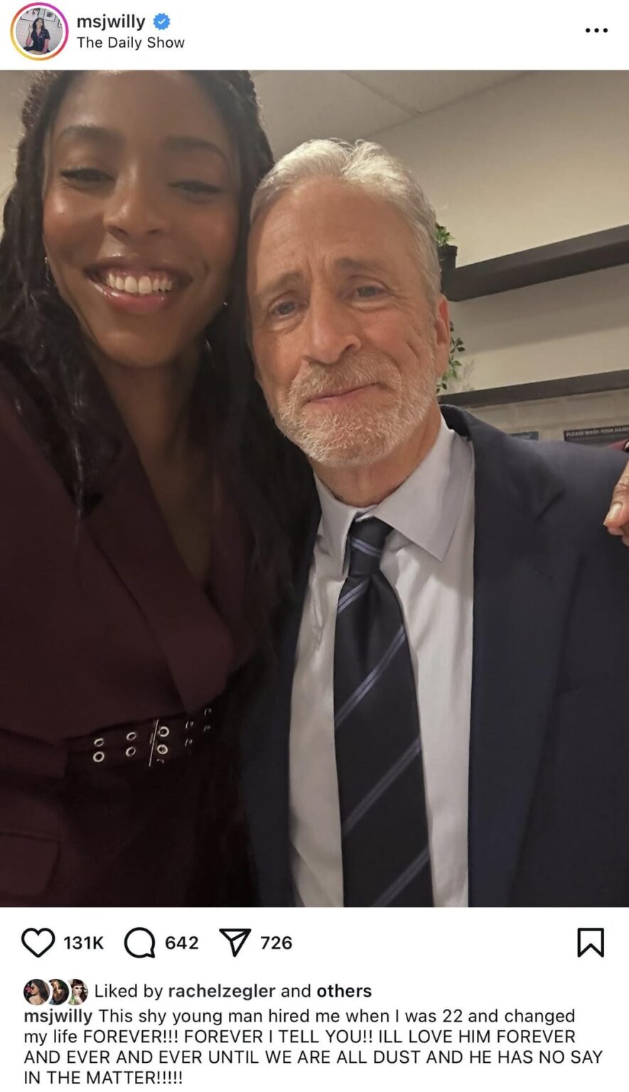 Jessica Williams was on ‘The Daily Show’ recently reuniting with Jon Stewart: “This shy young man hired me when I was 22 and changed my life FOREVER!!! FOREVER I TELL YOU!! ILL LOVE HIM FOREVER AND EVER AND EVER UNTIL WE ARE ALL DUST AND HE HAS NO SAY IN THE MATTER!!!!!” Jessica Williams was on ‘The Daily Show’ recently reuniting with Jon Stewart: “This shy young man hired me when I was 22 and changed my life FOREVER!!! FOREVER I TELL YOU!! ILL LOVE HIM FOREVER AND EVER AND EVER UNTIL WE ARE ALL DUST AND HE HAS NO SAY IN THE MATTER!!!!!”