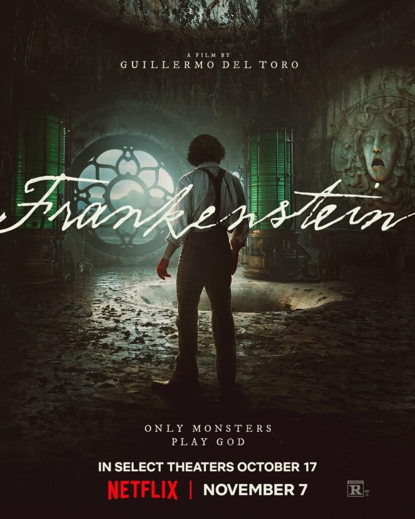 The official posters for Guillermo del Toro’s ‘Frankenstein’ have been released. Starring Oscar Isaac, Jacob Elordi, Mia Goth, and Christoph Waltz. Coming to select theaters October 17 and on Netflix November 7.