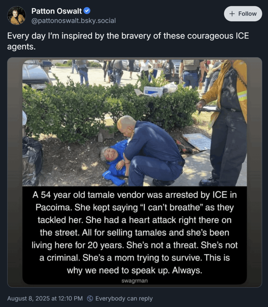 Patton Oswalt comments on the stunning fearlessness of ICE agents