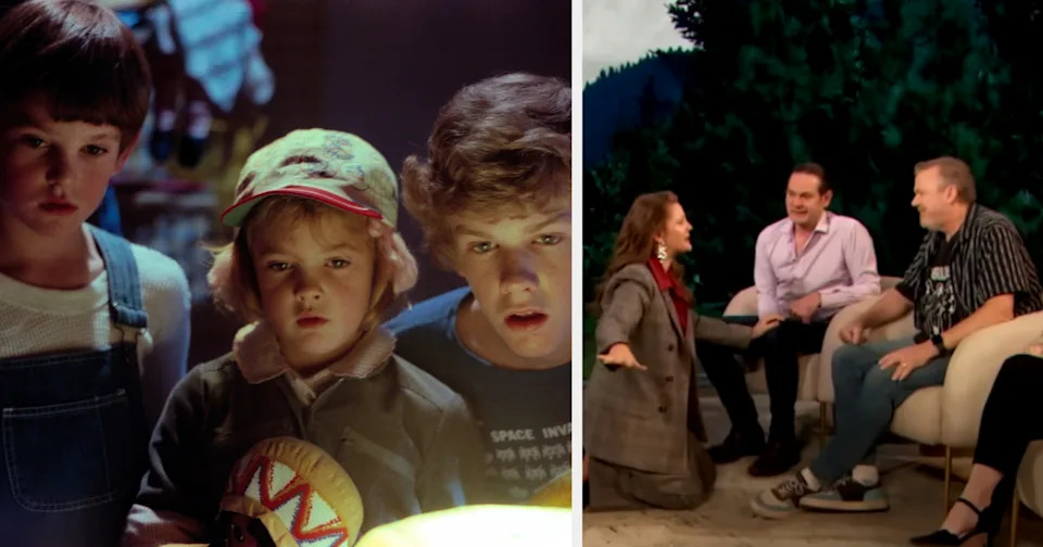Two images: left shows three kids curiously looking; right shows a woman animatedly discussing with two men on a talk show set