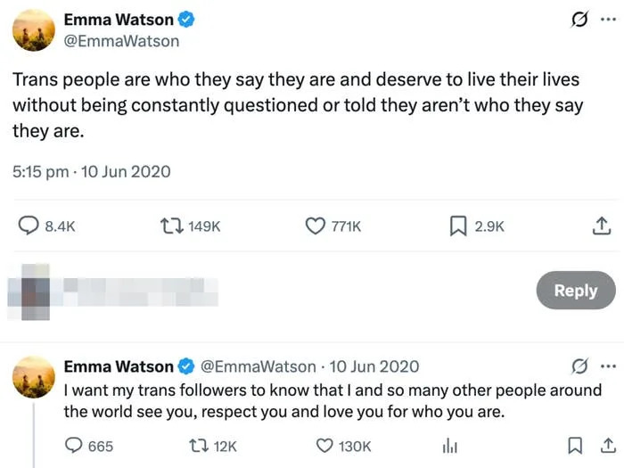Tweet by Emma Watson expressing support and love for trans people, emphasizing their right to self-identify and be respected