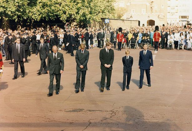 William and Harry file behind their mum Diana's coffin, joined by Prince Philip and Earl Spencer, September 6, 1997
