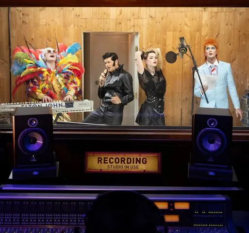 Courtesy of Neil Patrick Harris  From left: Gideon Harris-Burtka as Elton John, David Burtka as Elvis, Harper Harris-Burtka as Madonna and Neil Patrick Harris as David Bowie during Halloween 2024.