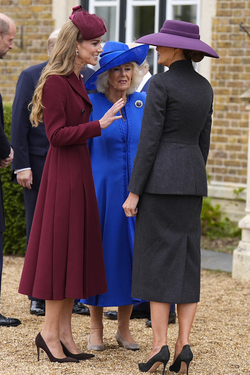 Catherine, Princess of Wales, Queen Camilla and First Lady Melania Trump arrive for a state visit at Windsor Castle on September 17, 2025 in Windsor, England.