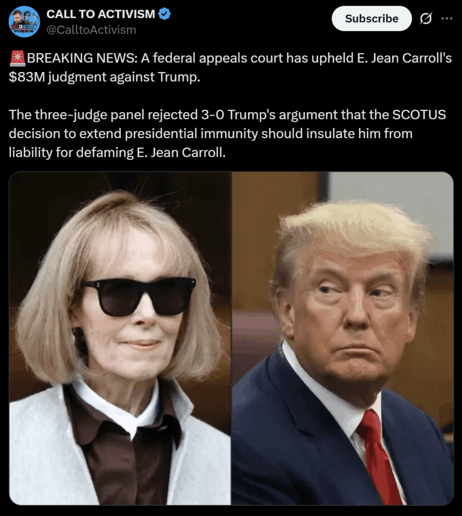 Appeals court upholds E Jean Carroll’s $83m defamation judgment against Donald Trump
