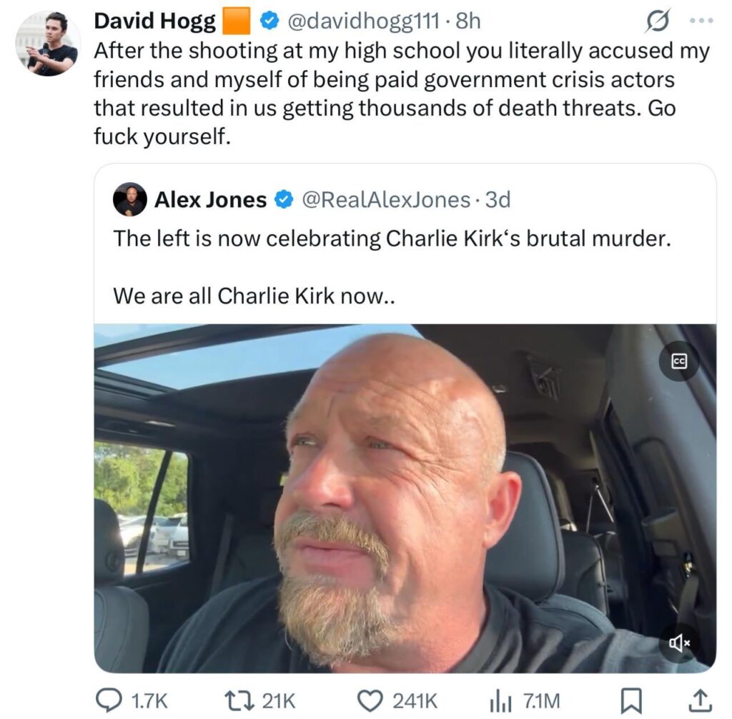 David Hogg to Alex Jones: “go fuck yourself”
