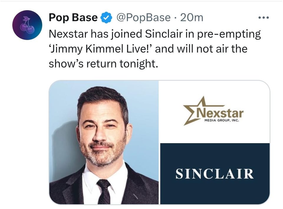 Nexstar has joined their potential future buyer Sinclair in pre-empting 'Jimmy Kimmel Live' and will not air the show's return tonight