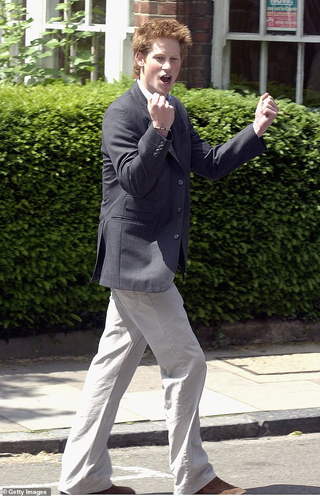 Prince Harry clenches his fist as he leaves Eton College on June 12 2003. He left the school with a B in Art and  D in Geography