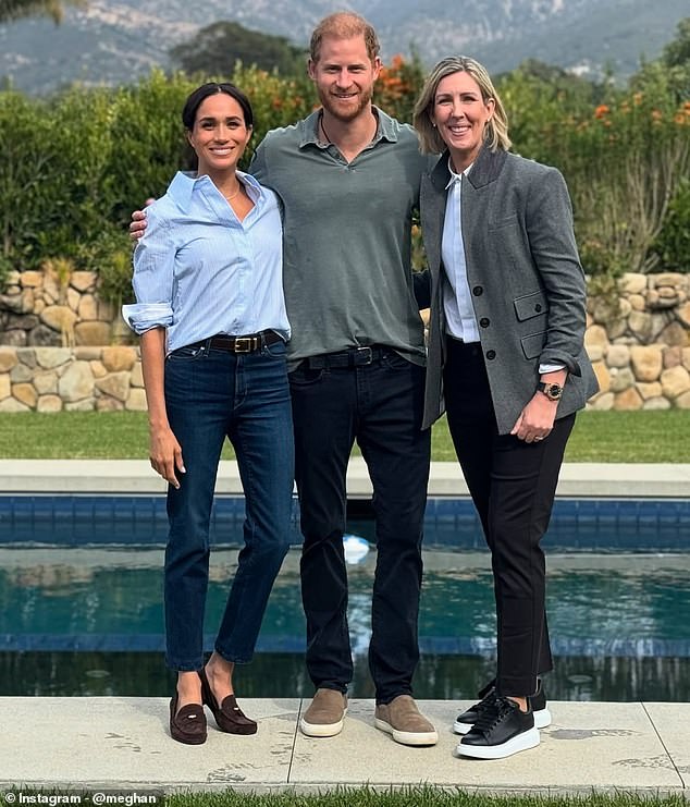 Other pictures in the carousel included Meghan and her husband, Prince Harry, posing with her guest, Chef Clare Smyth, who made the food for their 2018 wedding