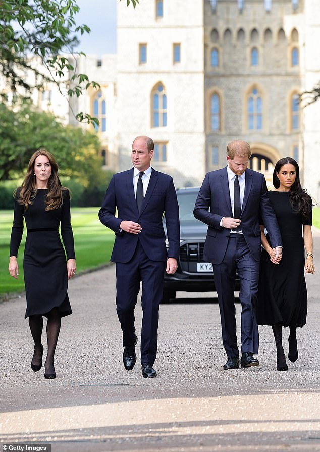 Kate Middleton alongside Prince William, Prince Harry and Meghan Markle outside Windsor Castle following the death of Queen Elizabeth II