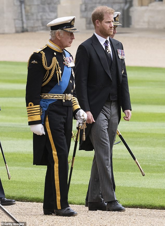 Charles and Harry at Windsor Castle shortly after the late Queen's committal service at St George's Chapel. Harry would later claim that the reasons his father gave for not bringing Meghan 'didn't make any sense, and actually they were disrespectful. I didn't tolerate it'