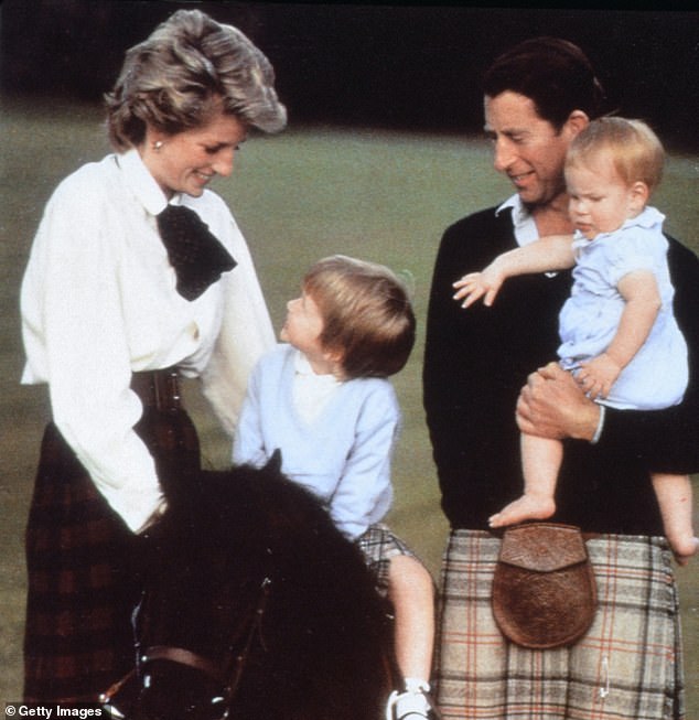 'Harry is reinforcing the impression that he is the real heir to Diana, the Prince of People’s Hearts,' says Amanda Platell (Harry and William pictured with Charles and Princess Diana in 1988)