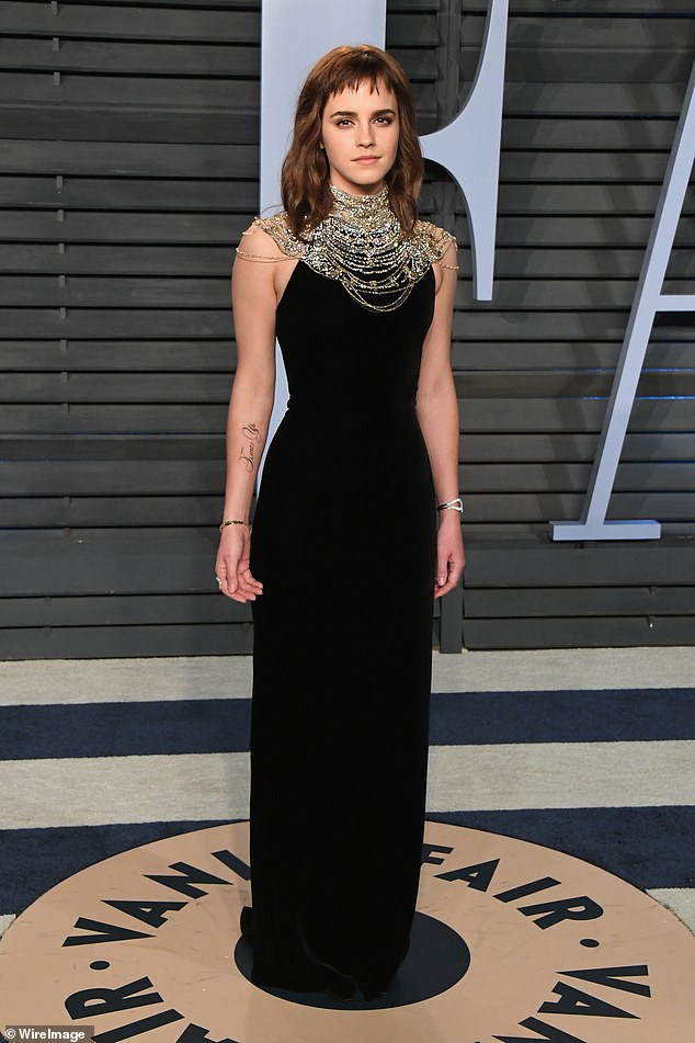 Bling: Emma Watson wearing lab-grown diamonds at the Vanity Fair Oscars Party in 2018 (the ring on her finger, not the necklace)