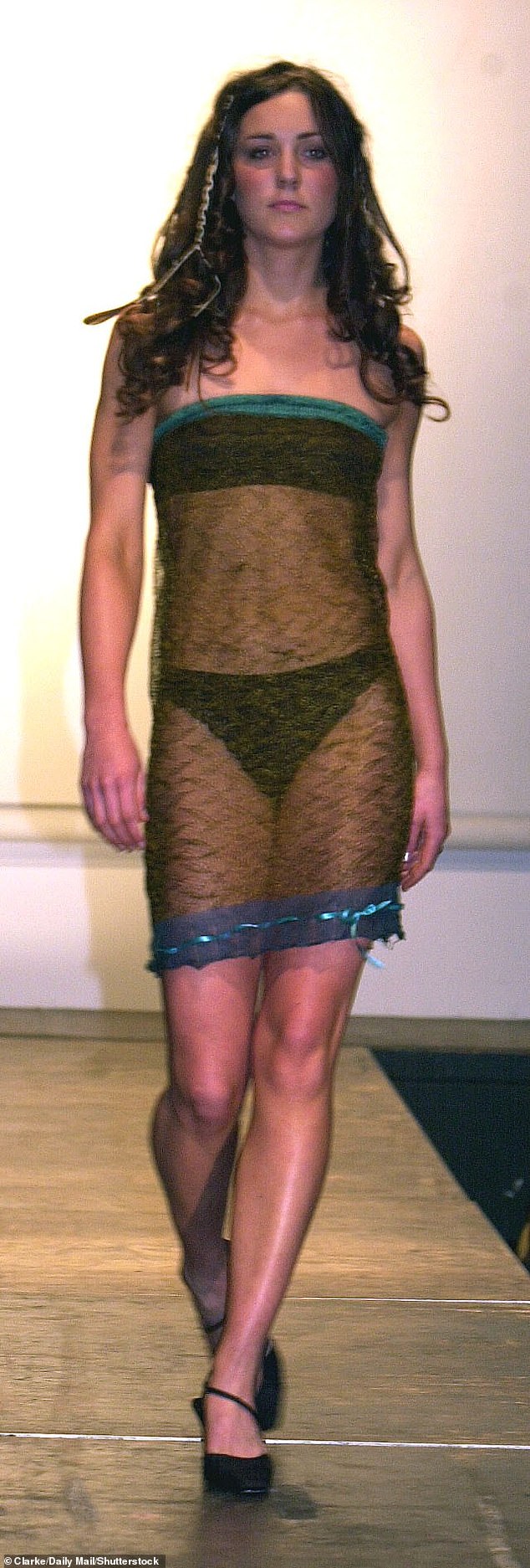 Kate is pictured on the catwalk wearing a sheer black lace dress over a bandeau bra and black bikini bottoms at the St Andrews University Charity Fashion Show  in March 2002