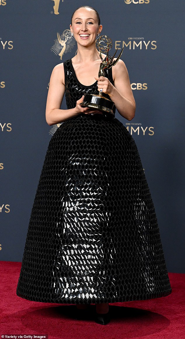 Erin Doherty in her Louis Vuitton frock with her Emmy for Outstanding Supporting Actress which she won for her role in Adolescence