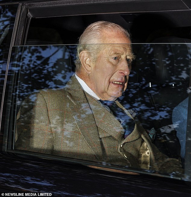 The 76-year-old monarch looked dapper in a three-piece tweed suit for the occasion on Sunday